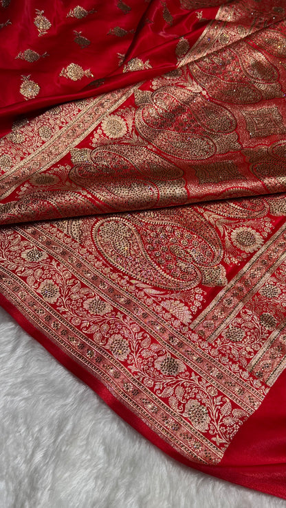 Satin Silk Saree Swarovski Work Floral Boota in Red Shades BSS26