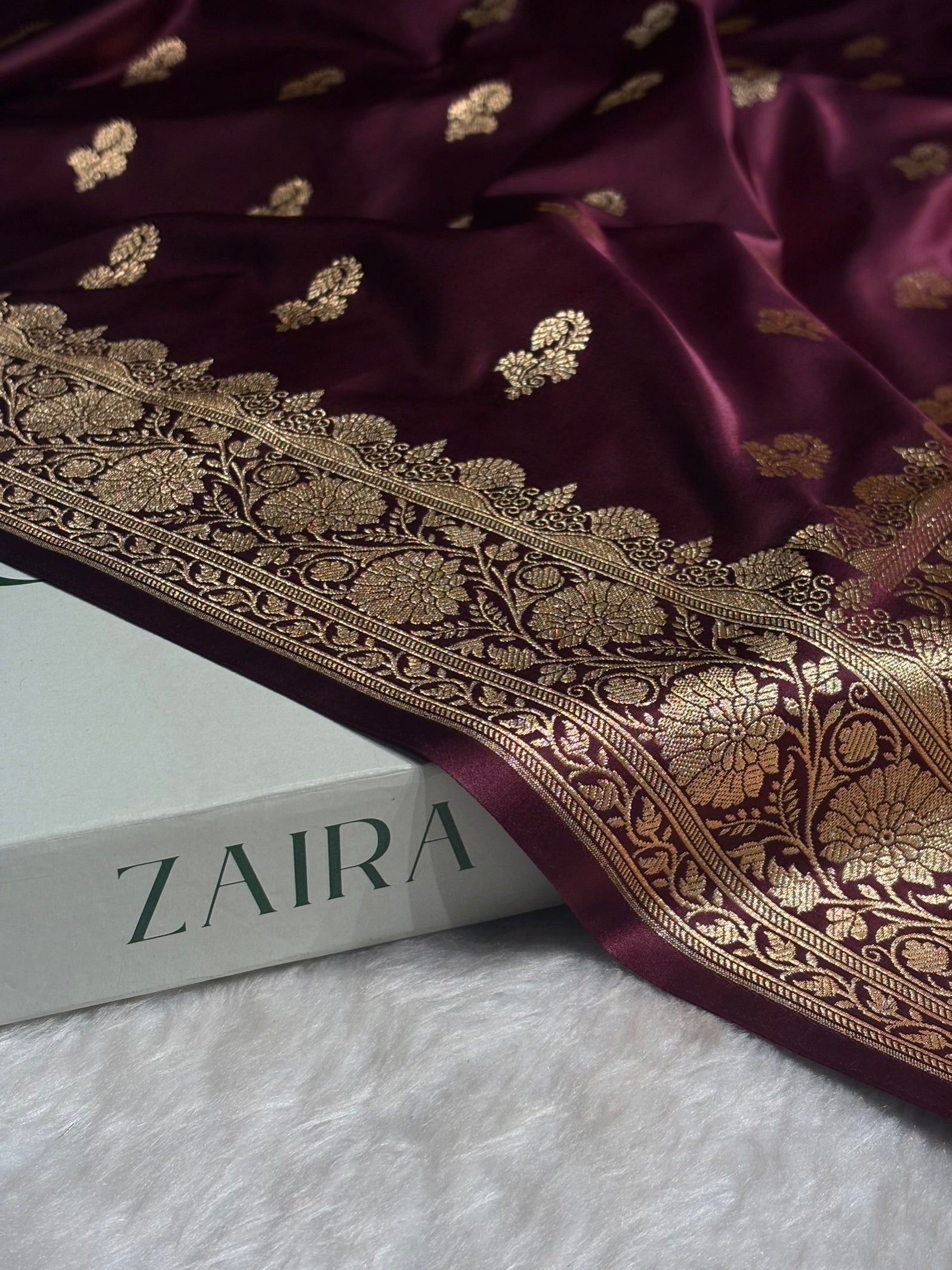 Garnet Shades Floral Booti Motif Satin Katan Silk saree SK61