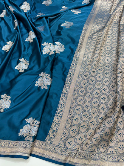 German Blue Sona Rupa Floral Motif Mashru Silk Saree