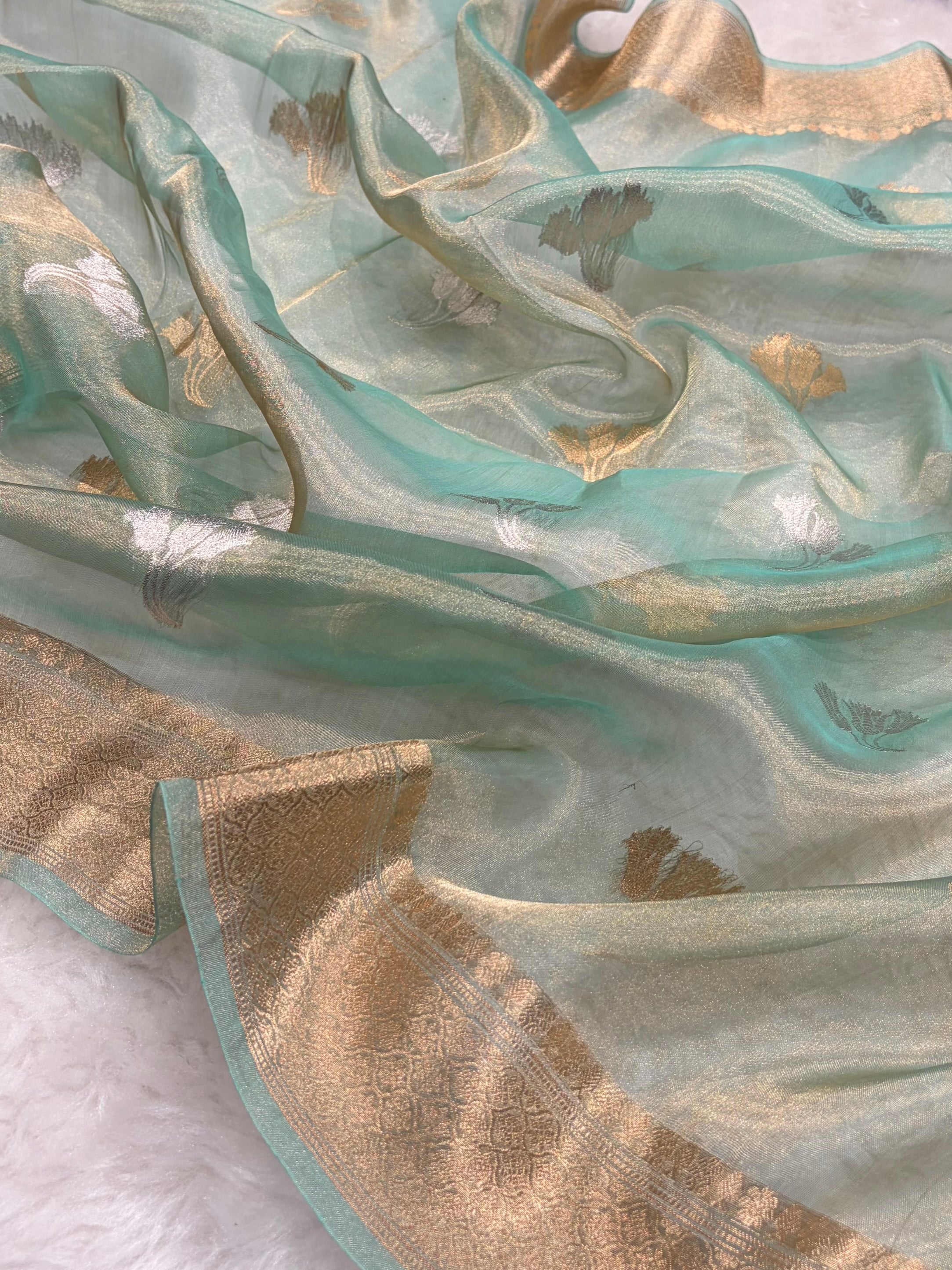 See Green Bananasi Floral Shades Pure Tissue Silk Saree PT-53