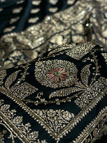 Banarasi Satin Katan Saree With Aari Zardozi Work Boota in Black Shades BSK98