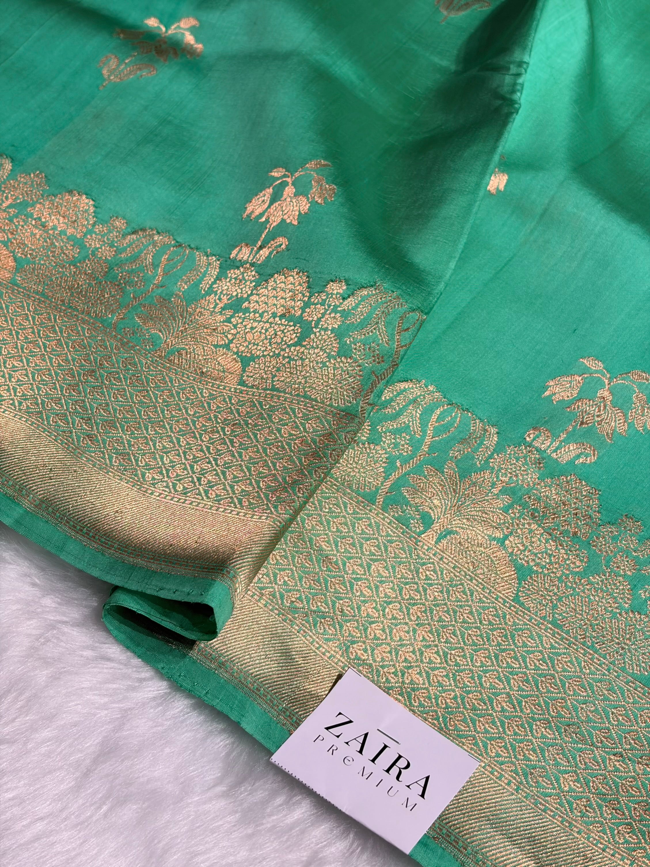 Ombré Sea Green with Pista Shades Boota Handwoven Pure Raw Mango Silk RM-17