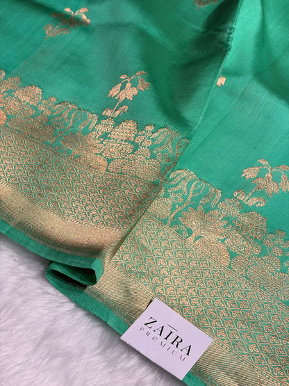 Ombré Sea Green with Pista Shades Boota Handwoven Pure Raw Mango Silk RM-17