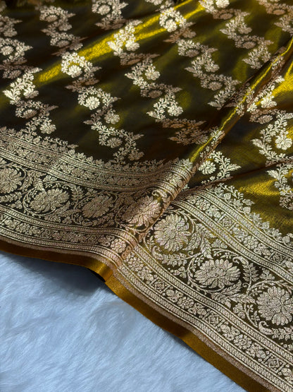 Mehendi Shades Banarasi Satin Silk Saree SS32