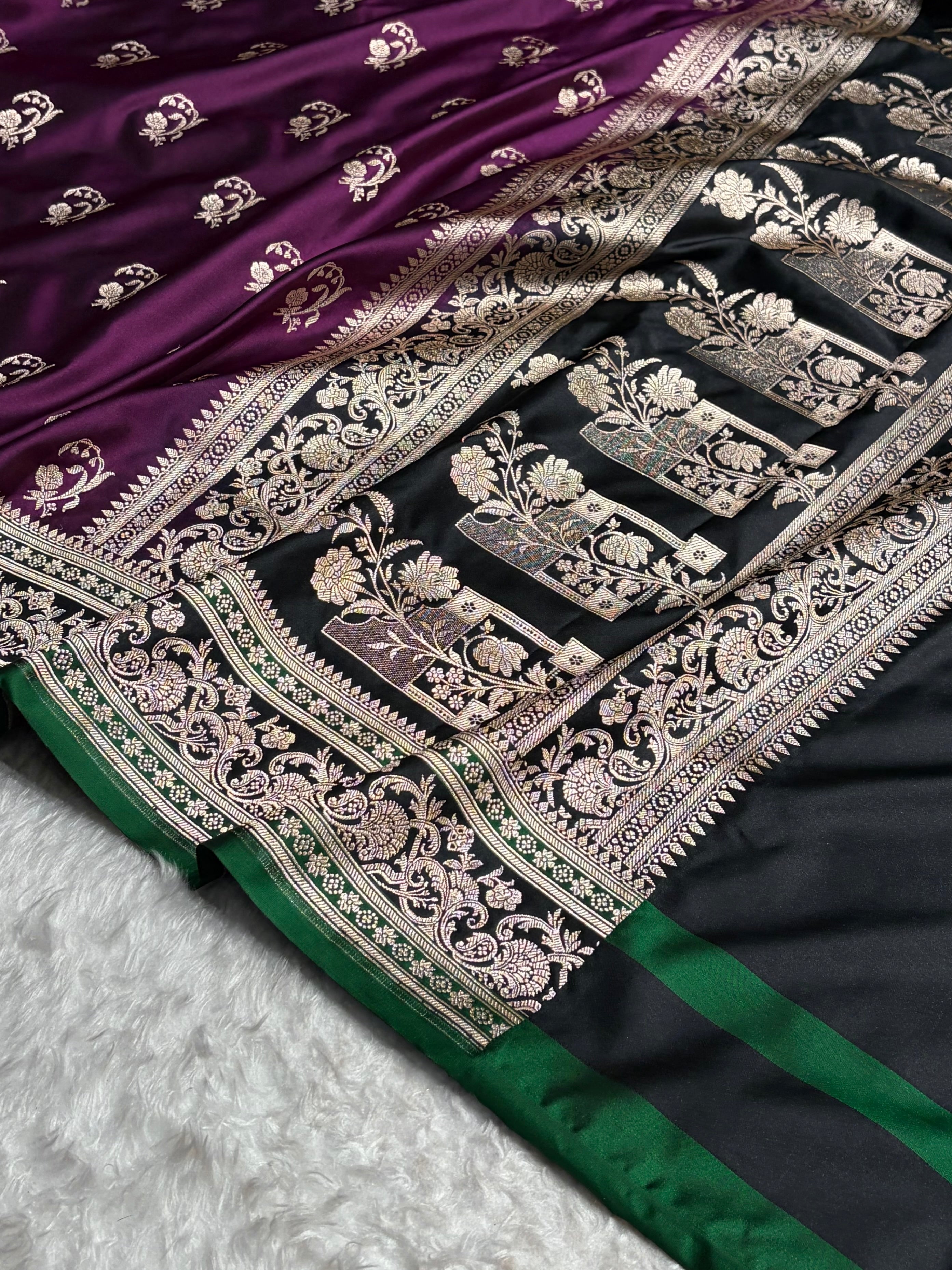 Banarasi Wine With Contrast Green Floral Border Mashru Silk Saree MSM-100