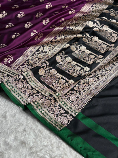 Banarasi Wine With Contrast Green Floral Border Mashru Silk Saree MSM-100
