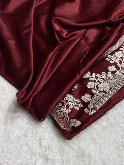 Garnet Shades Minakari Floral Border Booti Mashru Silk Saree MCS75