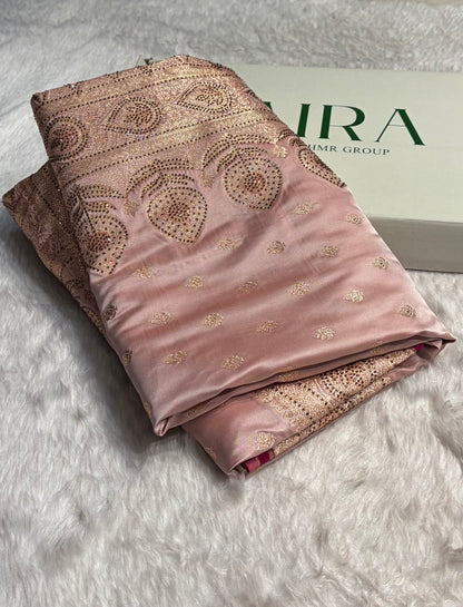 Rose Gold Swarovski Work Booti Satin Katan Silk Saree BSK10 (W)