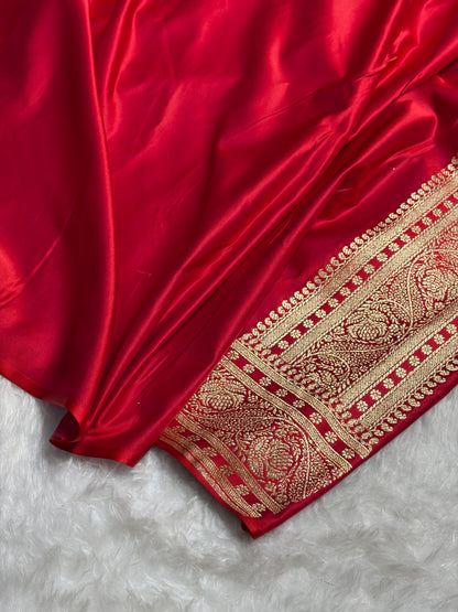 Cross Red Floral Pattern Satin Katan Silk Saree SK78