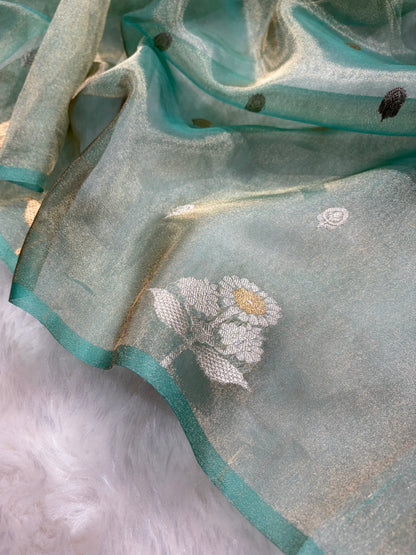 Sea Green Bananasi Floral Shades Pure Tissue Silk Saree PT-39