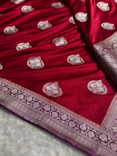 Banarasi Contrast Maroon With Wine Minakari Boota Mashru Silk Saree MCS35
