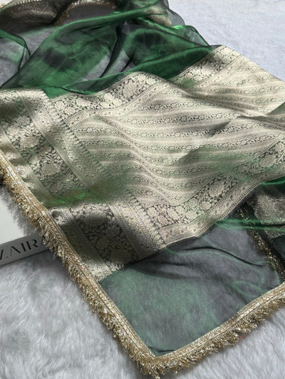 Bottle Green Shades Pure Tissue Silk Saree with Gotta Patti Brocade Blouse PTGP-08