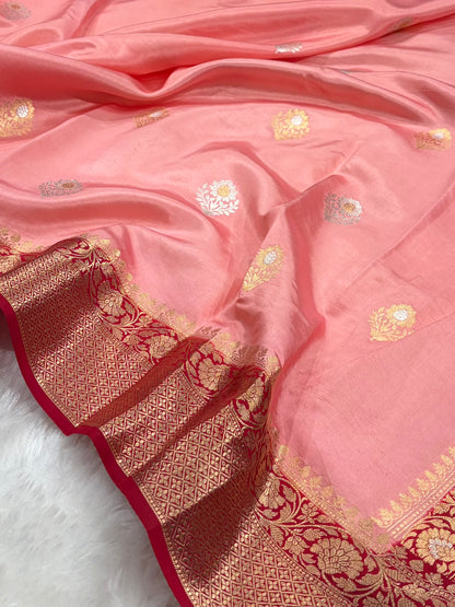 Banarasi Peach With Contrast Maroon Border & Meenakari Boota Handwoven Pure Katan Paper Silk RM-74