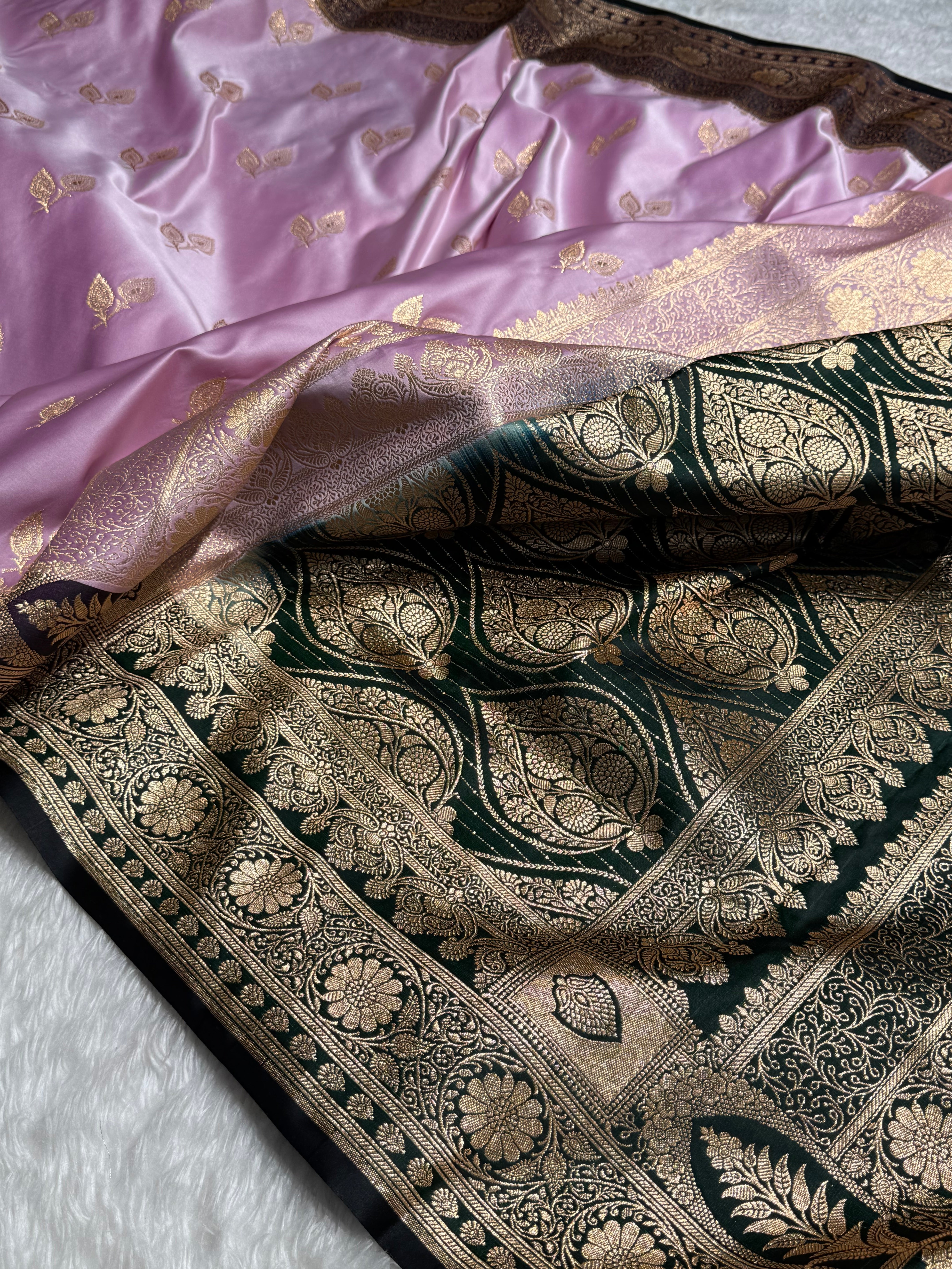 Lavender - Green Contrast Floral boota Katan Silk Saree SK16