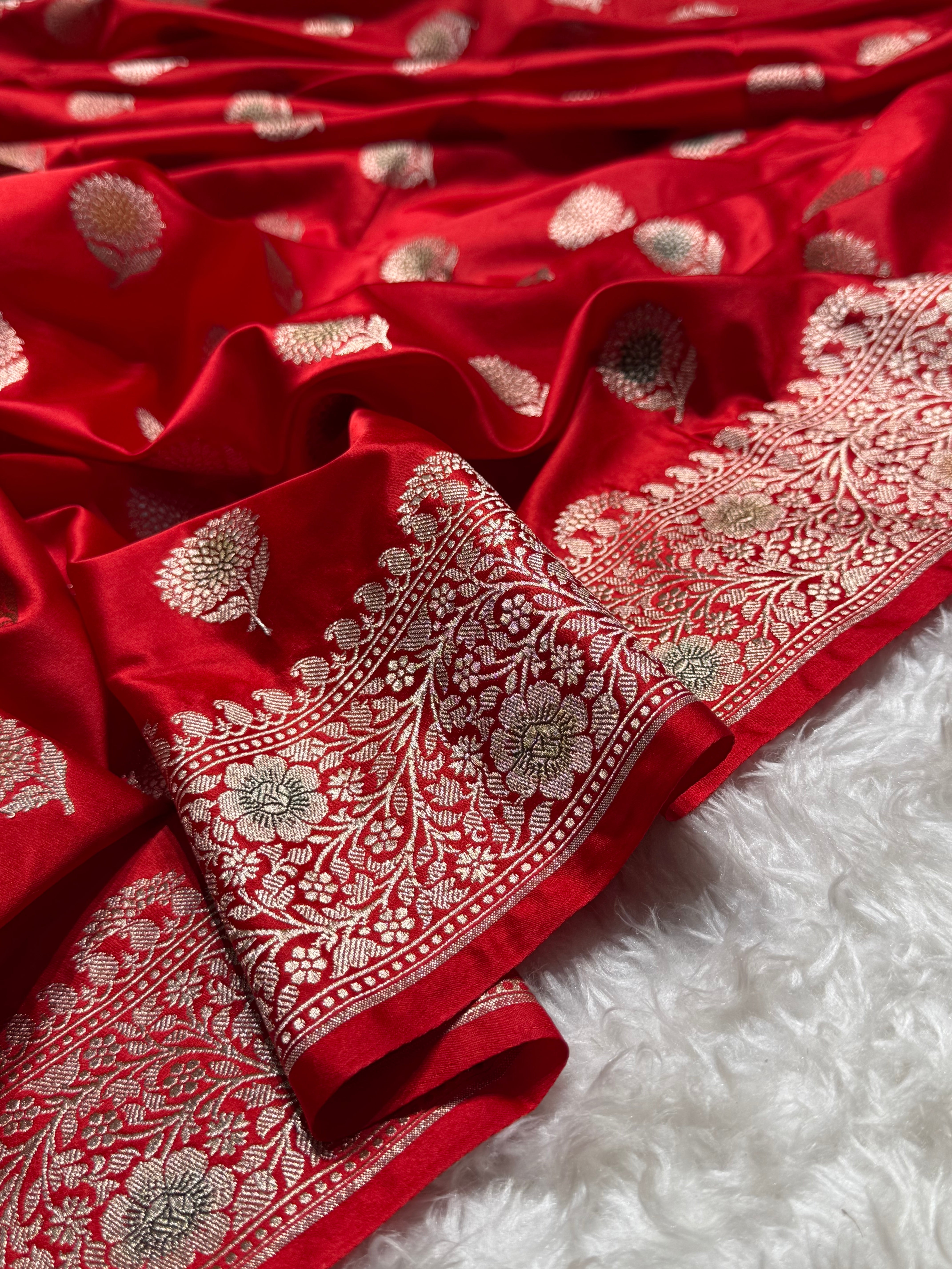 Red Tree Boota Minakari Mashru Silk Saree