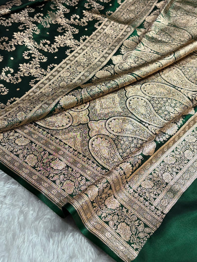 Bottle Green Shades Jaal Pattern Banarasi Satin Silk Saree SS49