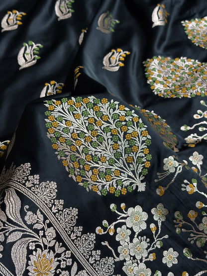 Black Shades Banarasi Boota Pattern Minakari Floral Mashru Silk Saree MSM-121