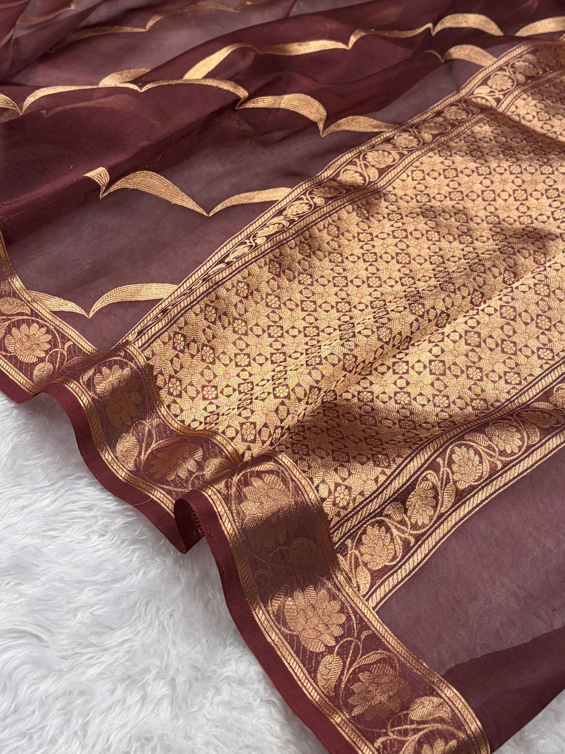 Pure Banarasi Organza Chocolate Shades Floral Banarasi Silk Saree PO-21