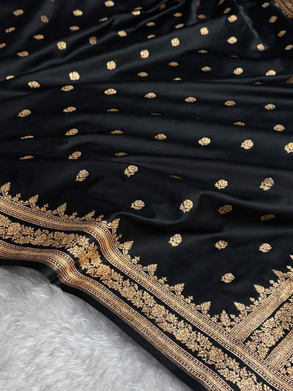 Banarasi Cross Black Floral Pattern Satin Katan Silk Saree SK76