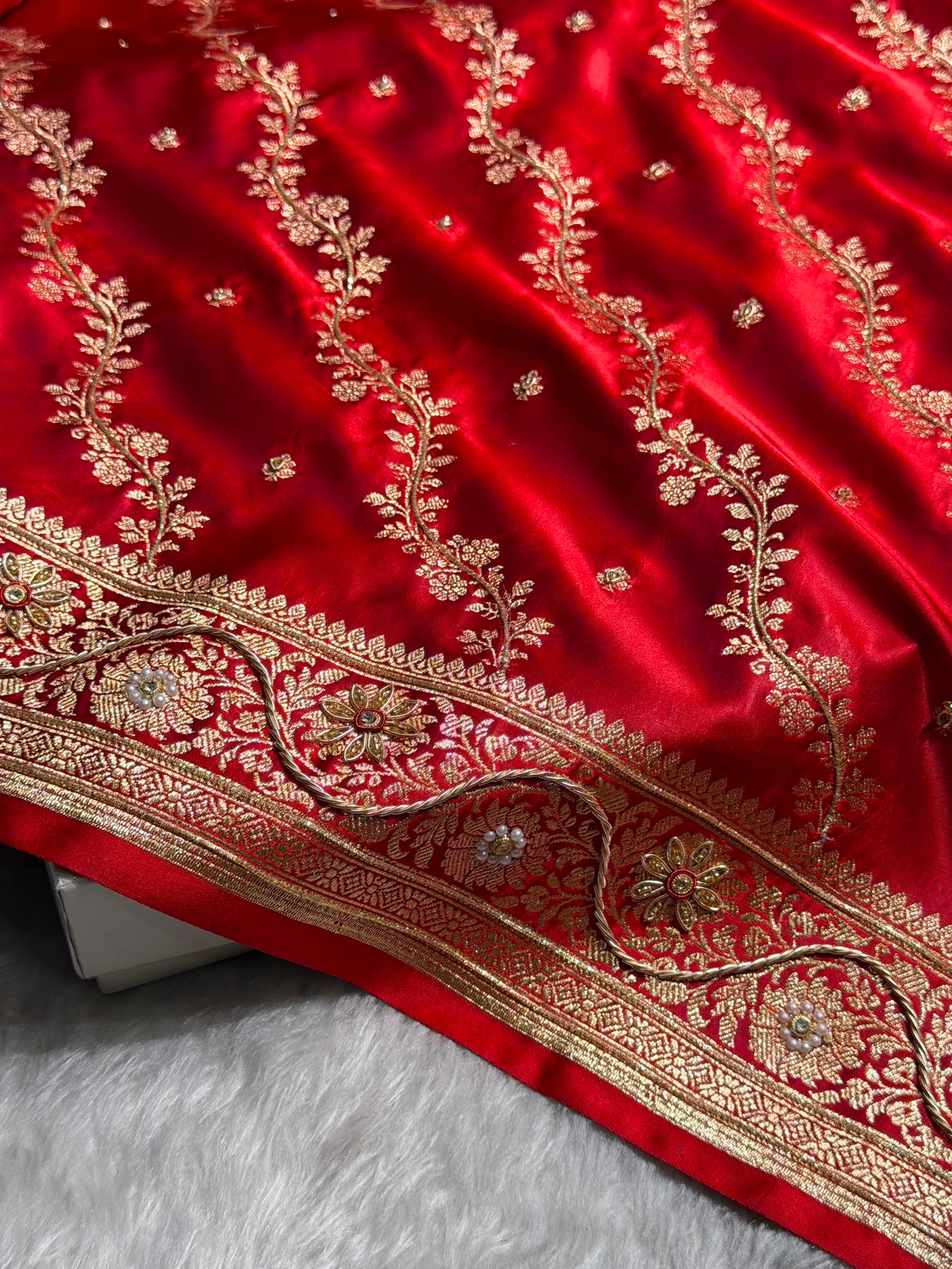 Banarasi Satin Katan Saree With Ari & Zardozi Work Boota in Red Shades BSK108