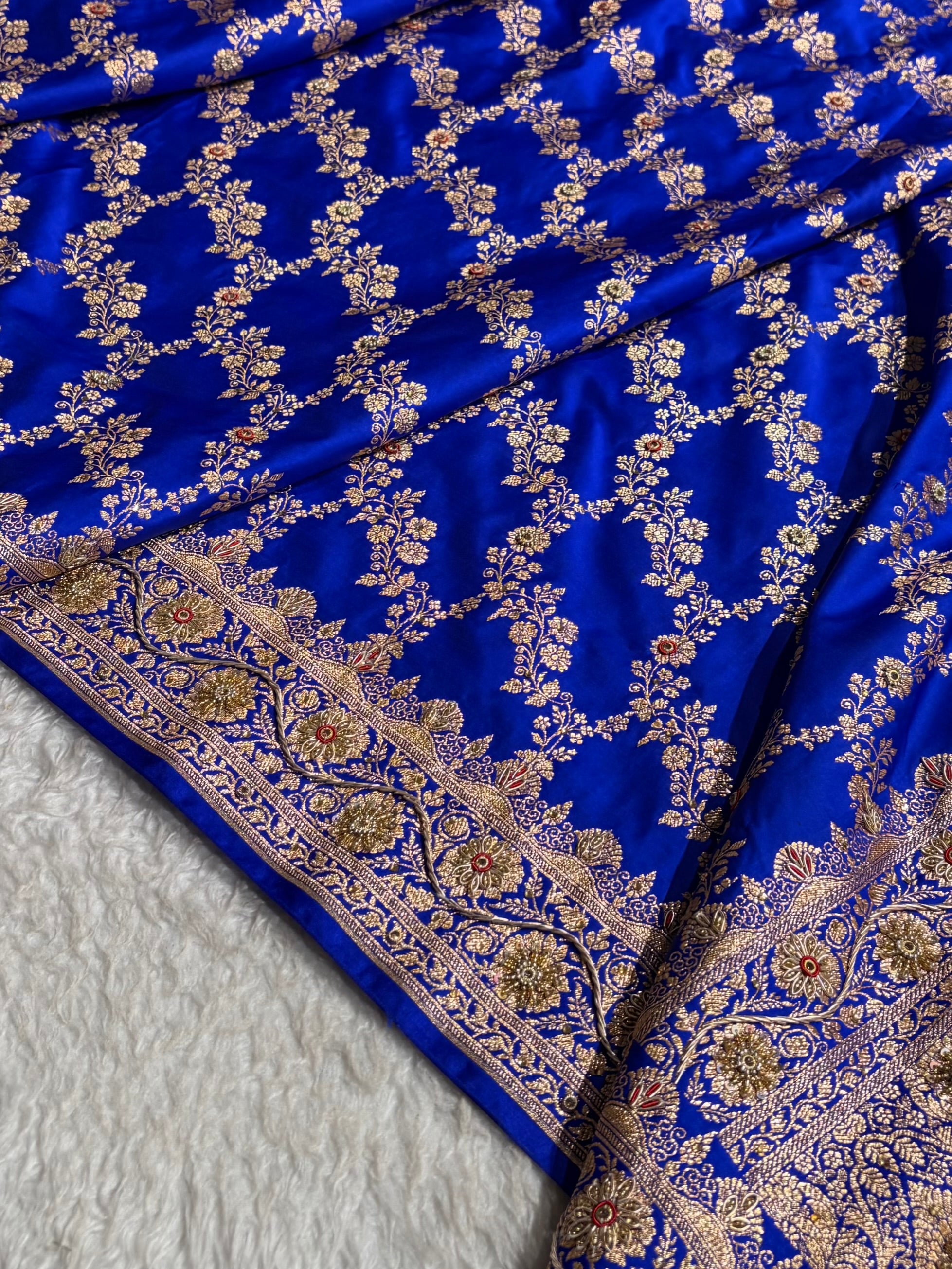 Royal Blue Floral Jaal Pattern Satin Katan Silk Saree BSK43