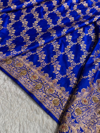 Royal Blue Floral Jaal Pattern Satin Katan Silk Saree BSK43