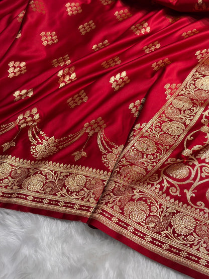 Red Floral Boota Satin Katan Silk saree SK34