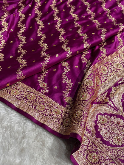 Banarasi Satin Katan Saree With Ari & Zardozi Work Boota in Wine Shades BSK108