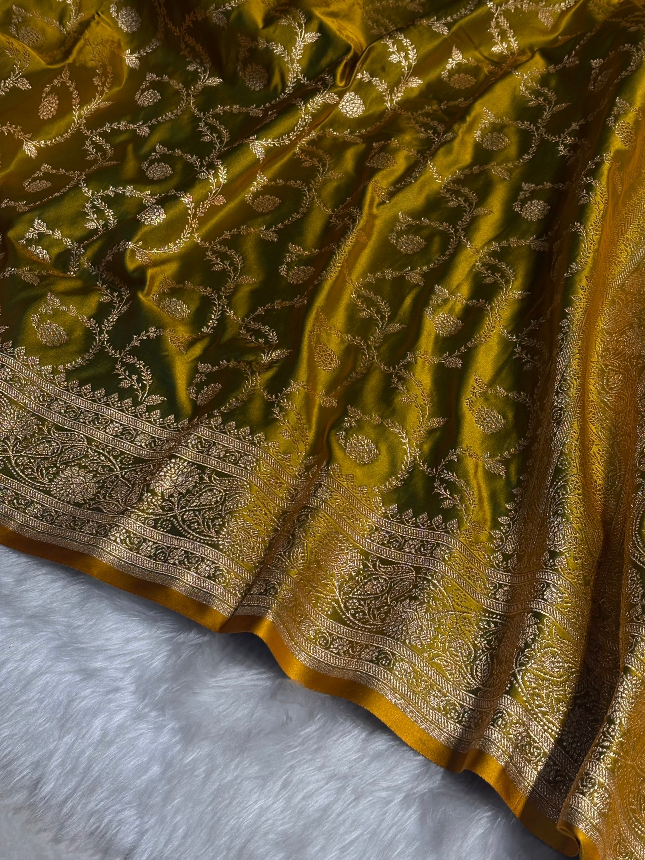 Liril Green Floral Jaal Pattern Satin Katan Silk saree SK55