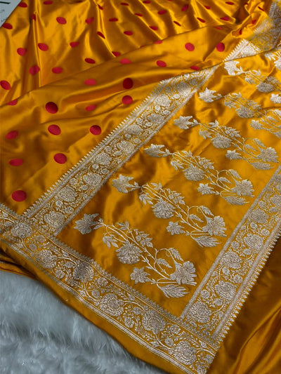Yellow Banarasi Silk Saree with Polka Dot Buti & Woven Border MCS111