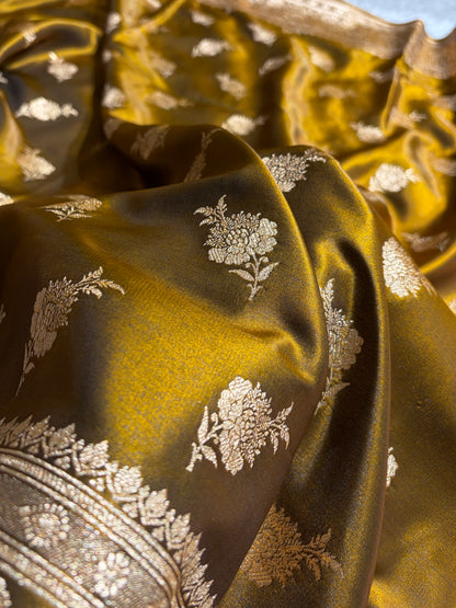 Satin Silk Saree Floral Boota in Mehendi Shades SS26