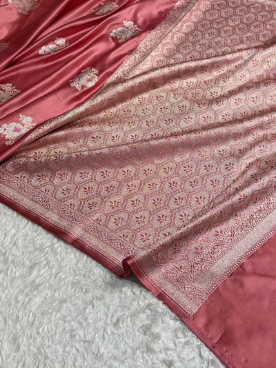 Peach Shades Sona Rupa Floral Minakari Motif Mashru Silk Saree MCS50