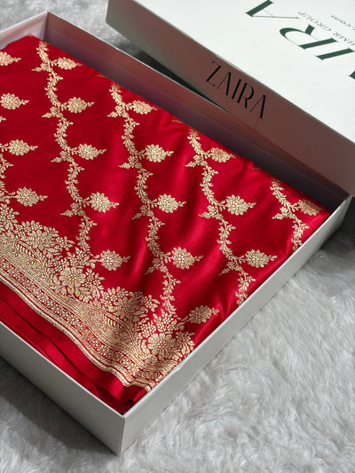 Banarasi Satin Katan Saree Floral Cross Pattern in Red Shades SK147