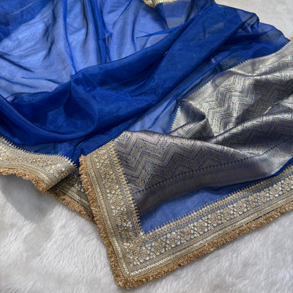 Semi Pure Tissue Silk Saree with Heavy Gotta Patti in Royal Blue Shades TGP08