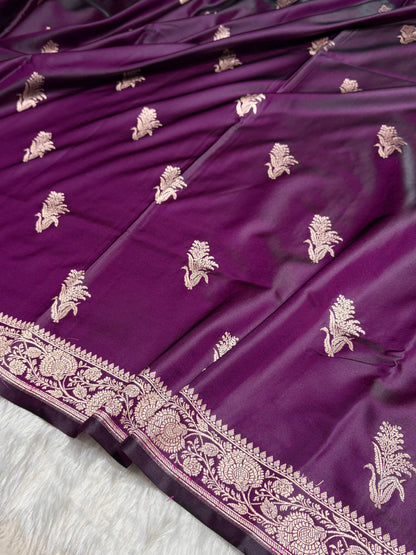 Dark Purple Boota With Floral Border Mashru Silk Saree MSM-89