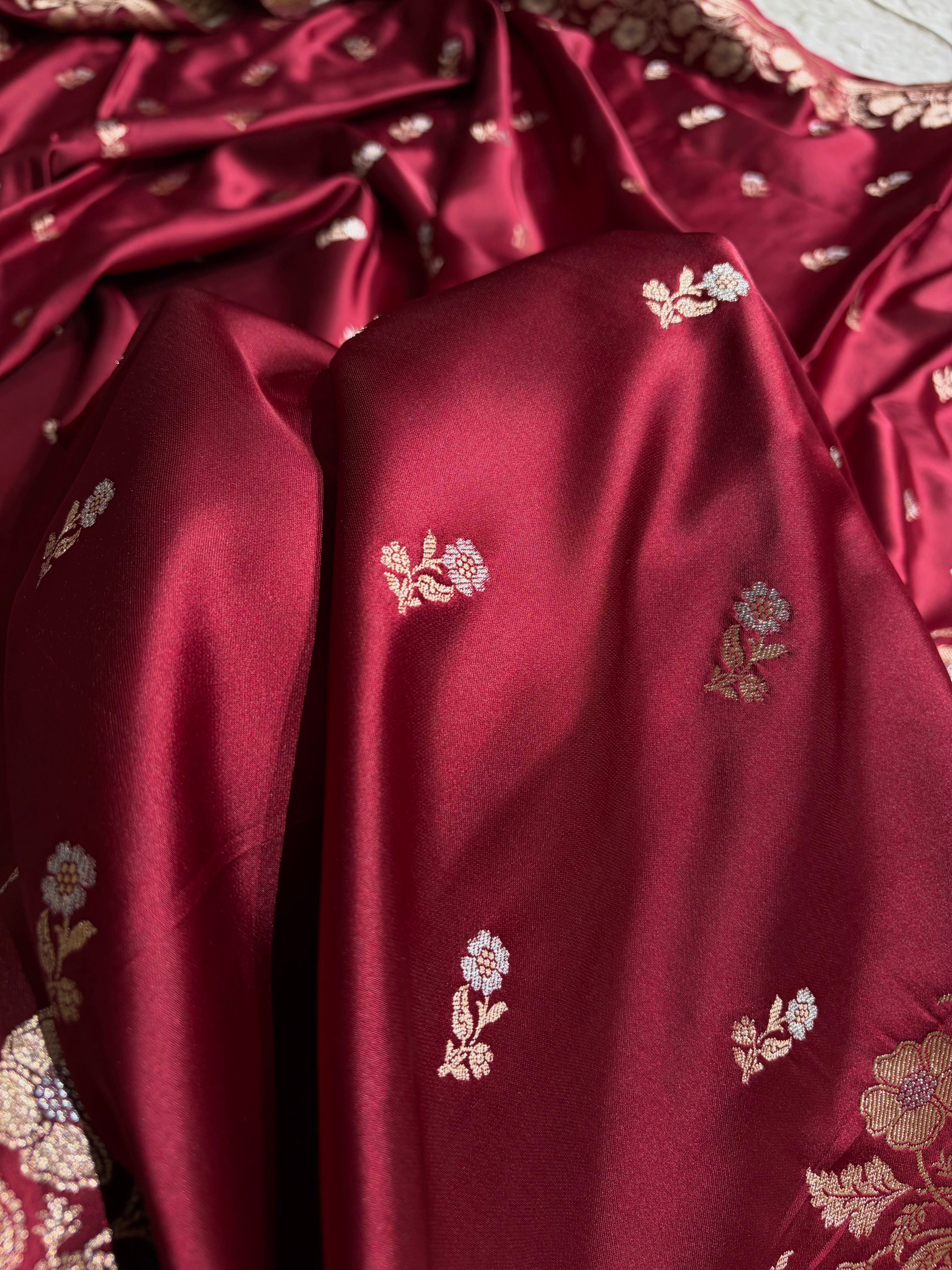 Garnet Boota With Floral Border Mashru Silk Saree MSM-86