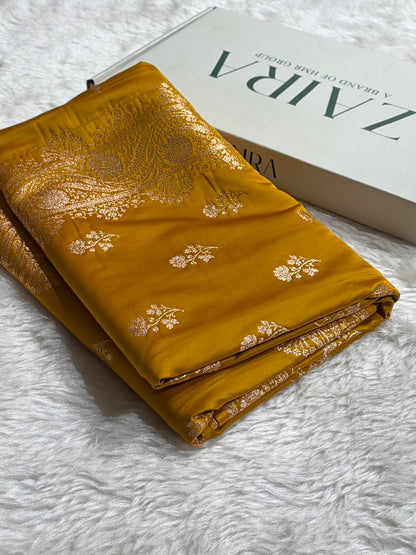 Banarasi Satin Katan Saree Booti PatterIn Mustard Shades SK135