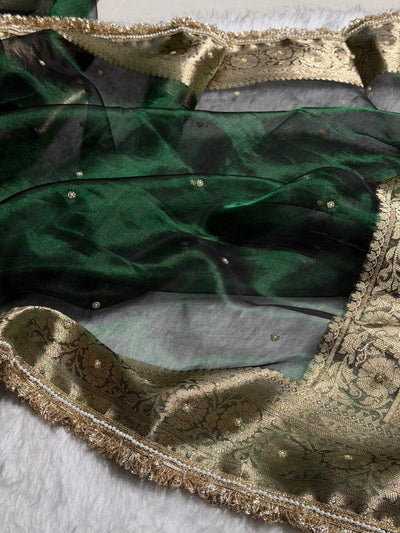 Bottle Green Shade Pure Tissue Silk Saree with Gota Patti BPTGP-17