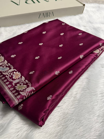 Banarasi Wine Shades Minakari Floral Mashru Silk Saree MCS88