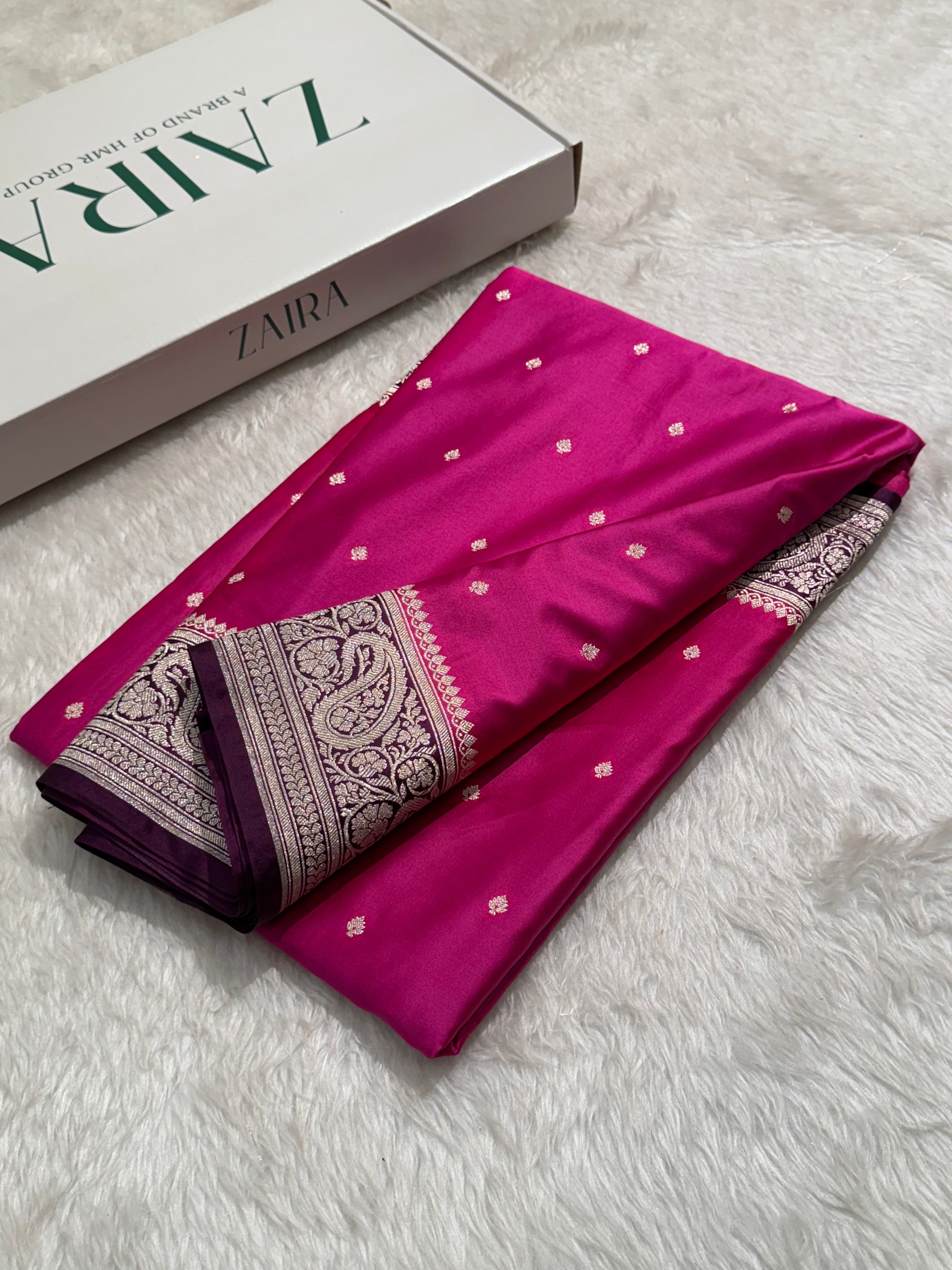 Pink - Wine 2D Tone Booti Mashru Silk Saree