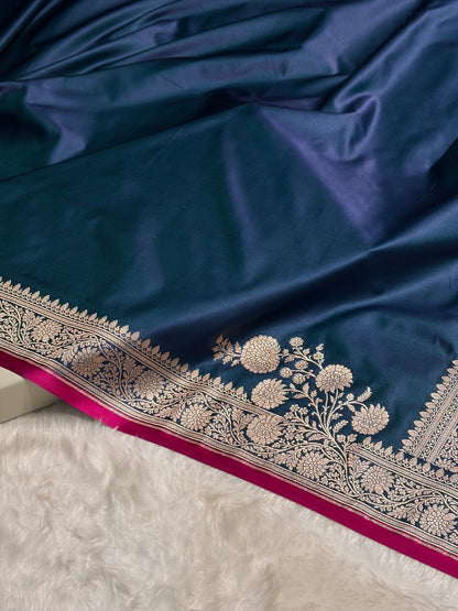 German Blue Shades Floral Border Mashru Silk Saree MSM-62