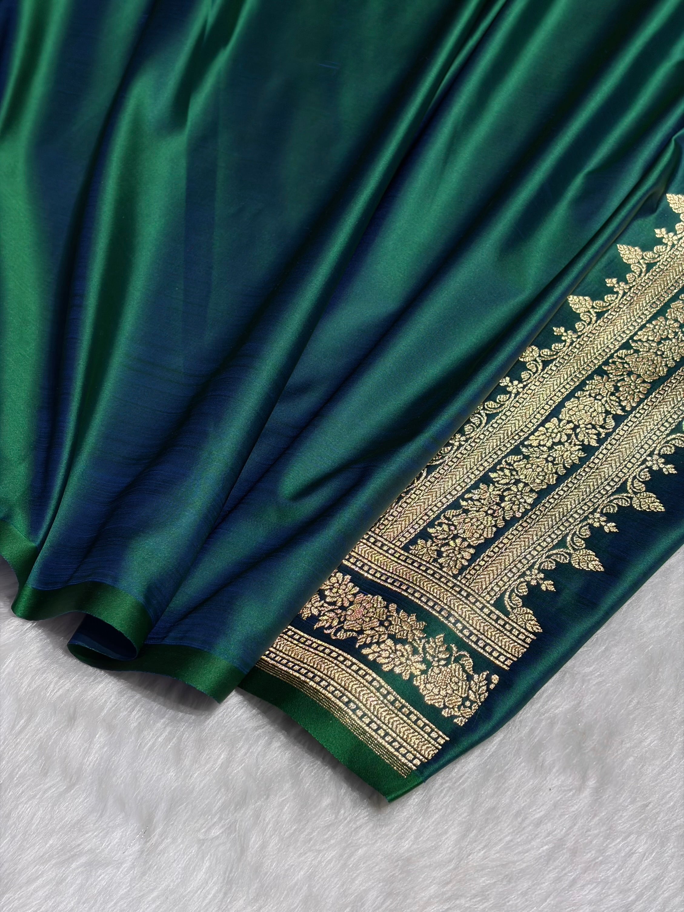 Cross Green Floral Pattern Satin Katan Silk Saree SK76