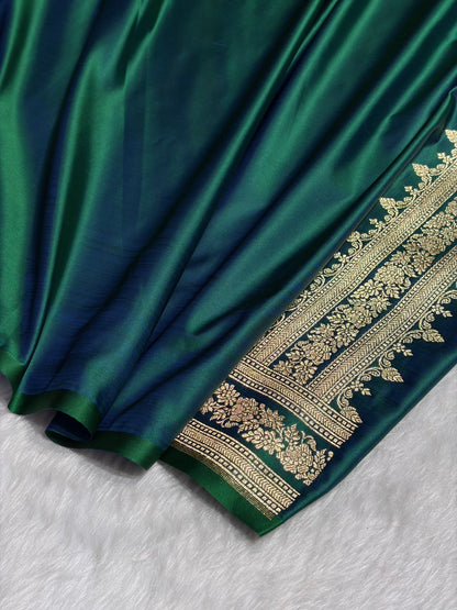 Cross Green Floral Pattern Satin Katan Silk Saree SK76