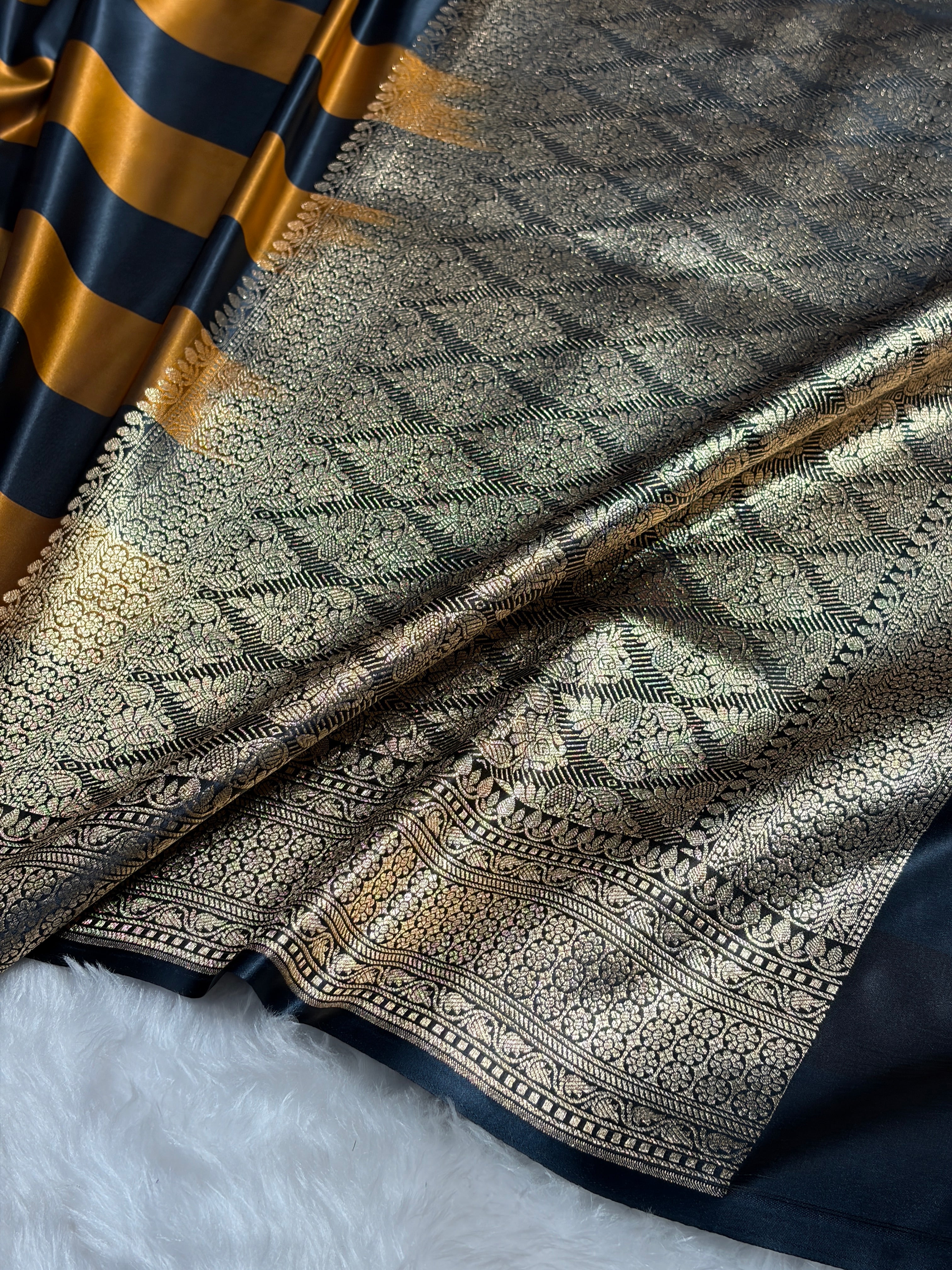 Mustard With Black Horizontal Strips Floral Border & Brocket Blouse Mashru Silk Saree MSM-84