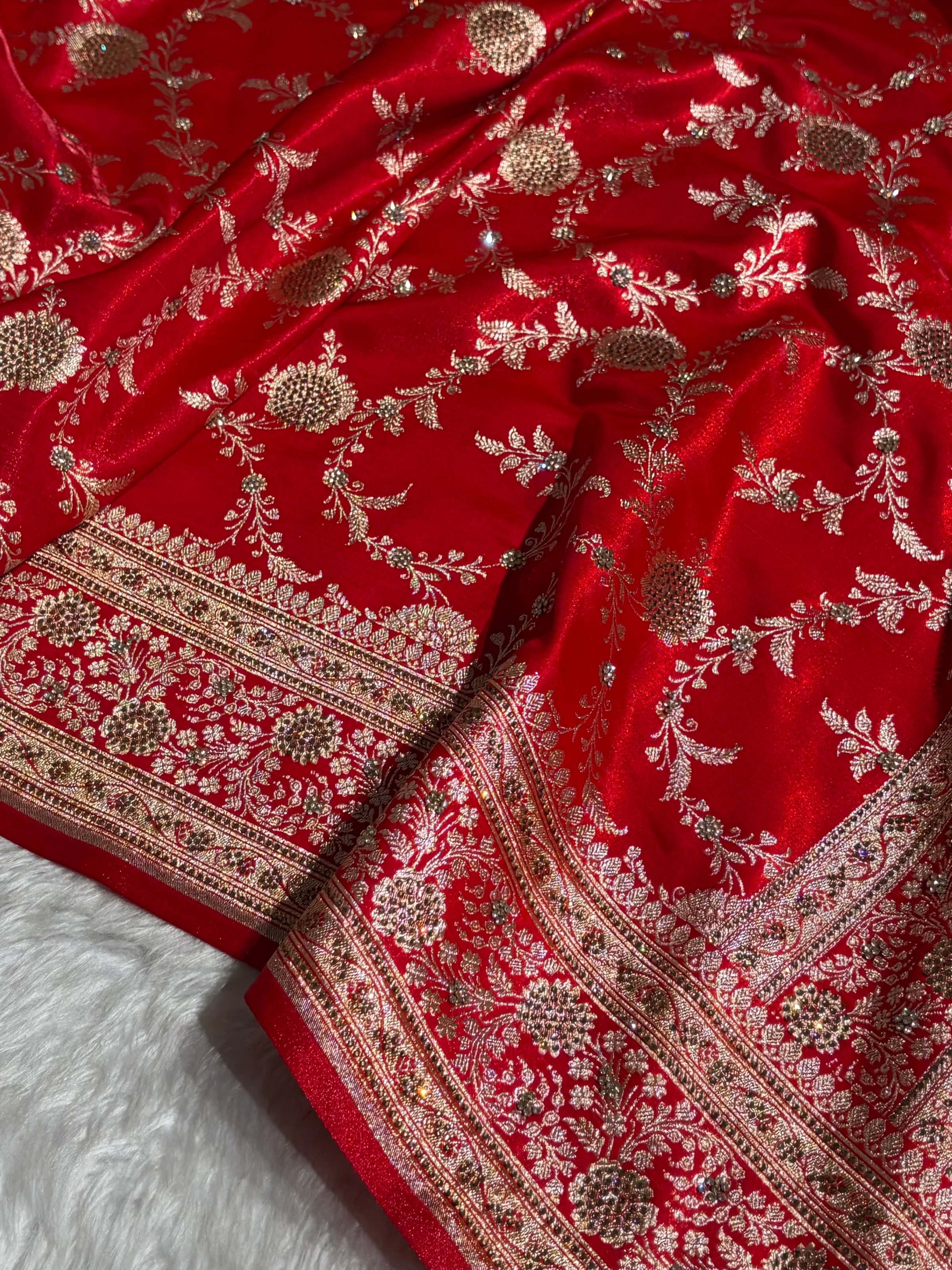 Light Weight Red Satin Silk Saree with Swarovski work BSS14