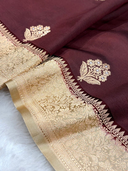 Banarasi Chocolate With Tusser Contrast Shades Meenakari Boots Handwoven Pure Paper Silk Saree RM-90