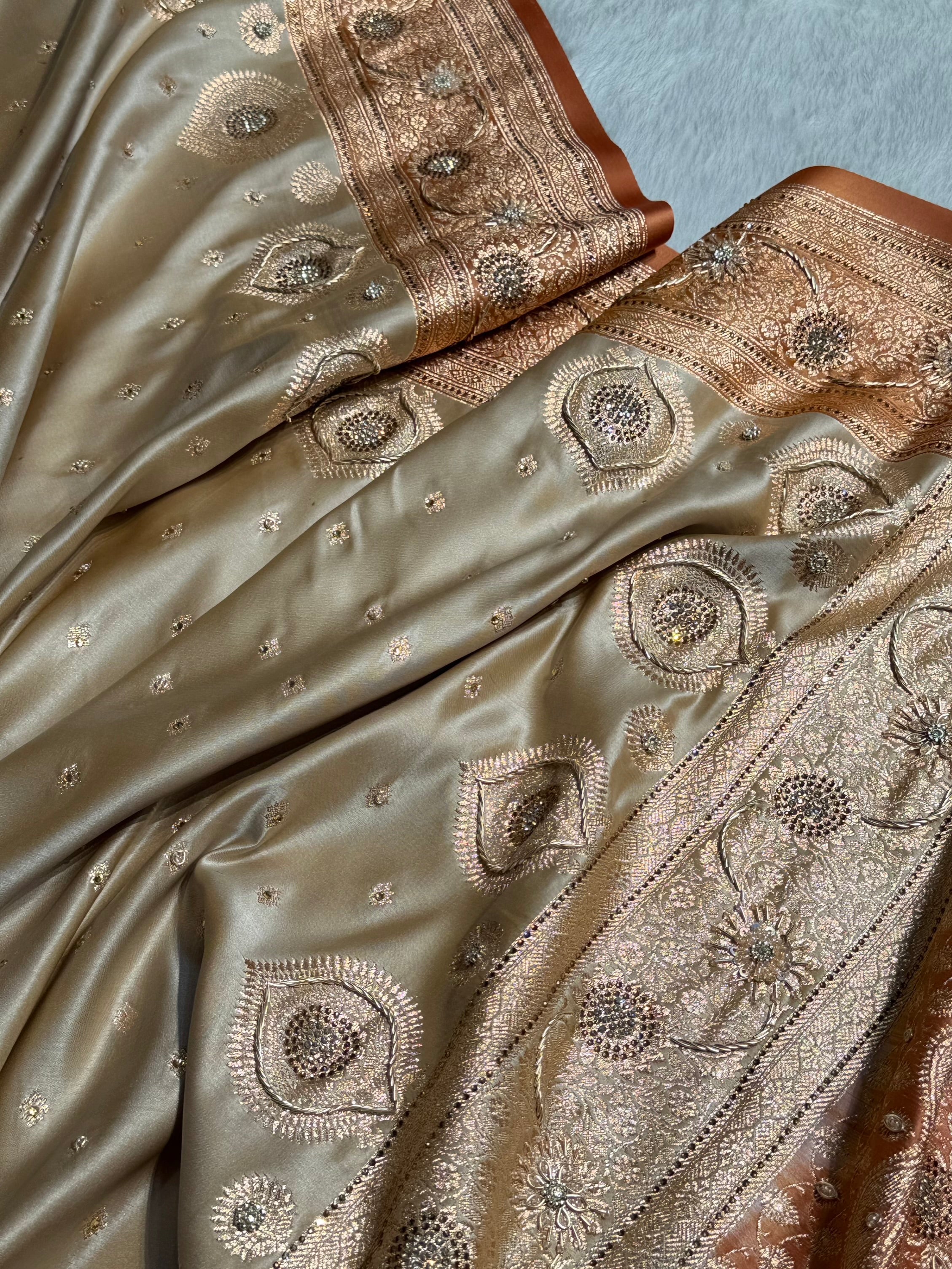 Mustard Tusser With Peach Booti With Ari & Zardozi Work Satin Katan Silk saree BSK29