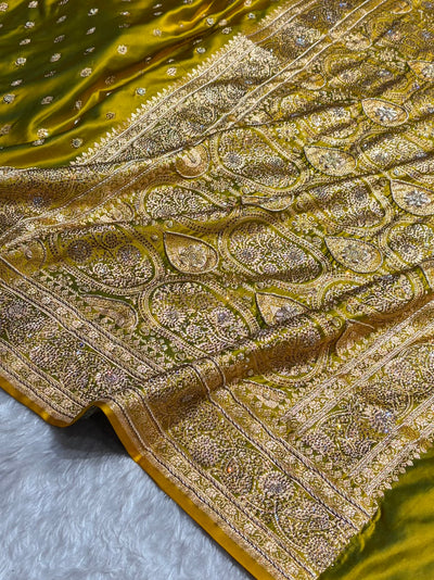 Banarasi Mahndi Booti Pattern With Ari Zardozi Stone Work Satin Katan Silk Saree BSK53