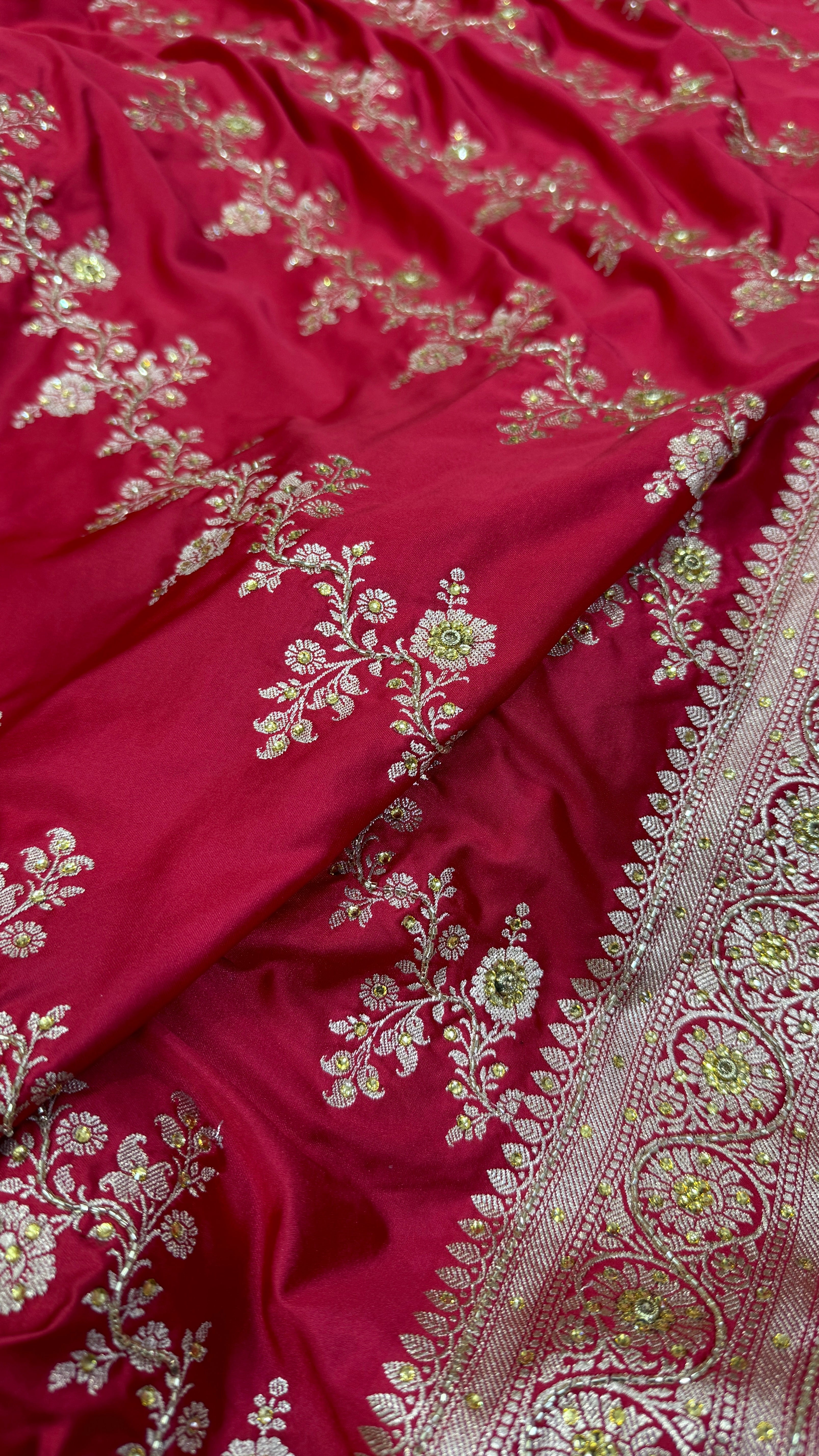 Strawberry Red Mashru Silk with Ari and Stone