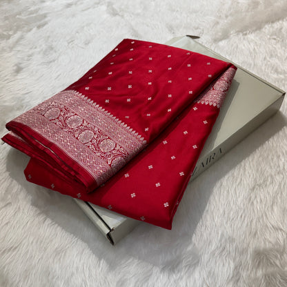 Red Mashru Silk Banarasi Saree with Allover Booti Motifs | SKU - MSB01